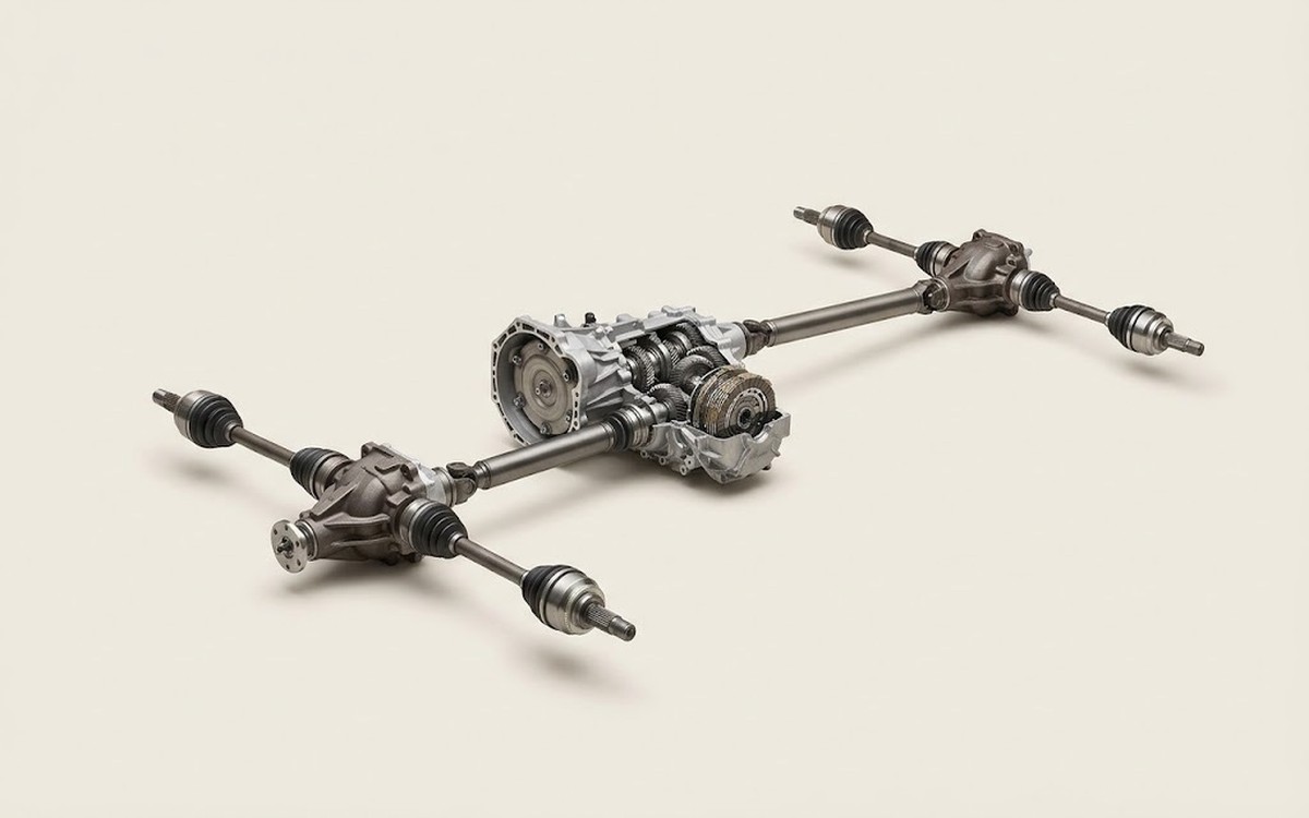 All-wheel-drive drivetrain cutaway: transfer case, driveshafts, differentials and half-shafts