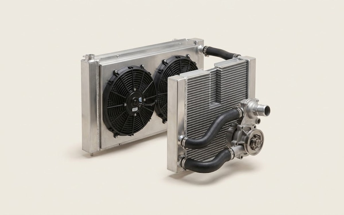 Radiator with fans and coolant hoses