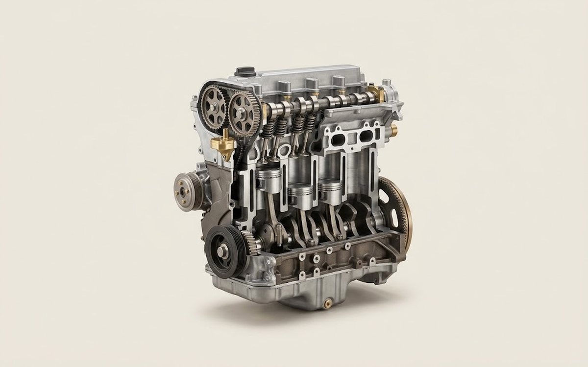 Engine cutaway: pistons, connecting rods, crankshaft
