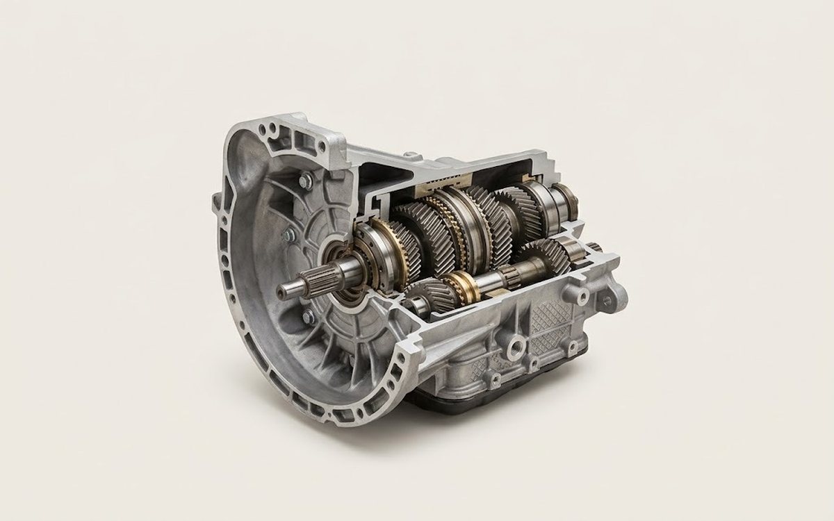 Manual transmission cutaway: shafts, gears, synchronizers