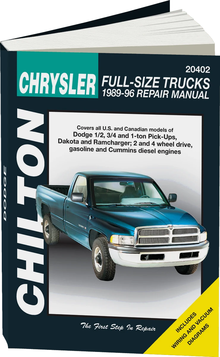 Chrysler Full-Size Trucks Chilton Repair Manual for 1989-96 covering all models of 1/2, 3/4 and 1-ton Picks-Ups, Dakota and Ramcharger (2 and 4 wheel drive, gas and diesel engines)