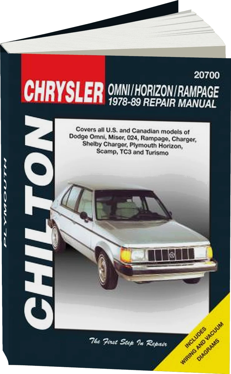 Chrysler Omni/Horizon/Rampage Chilton Repair Manual for 1978-89 covering all models of Dodge Omni, Miser, 024, Rampage, Charger (1979-89) and Shelby Charger; Plymouth Horizon, Scamp, TC3 and Turismo