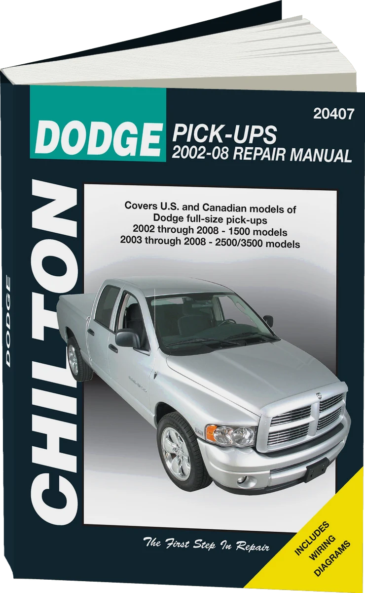 Dodge Pick-Ups (2002-08) covering 1500 (2002-08) & 2500/3500 (2003-08) with V6, V8 & V10 engines (2 & 4 wheel drive, gas or Cummins diesels). exc. SRT-10 models. Chilton Repair Manual (USA)