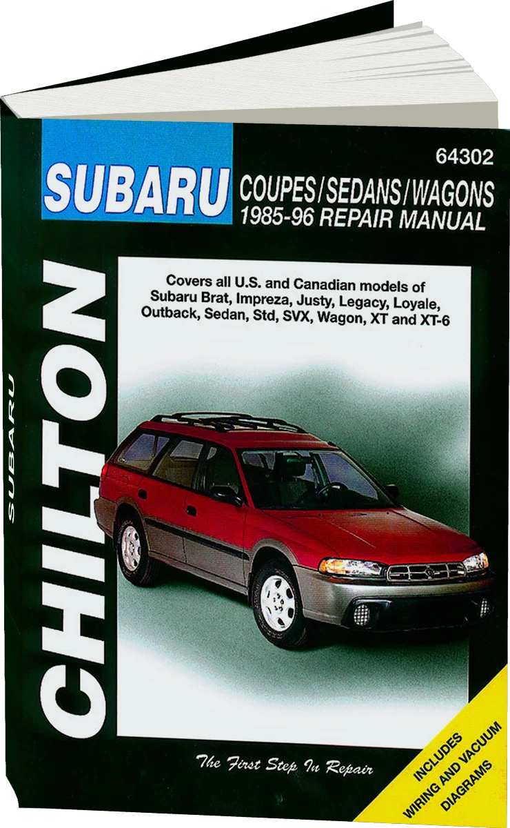 Subaru Coupes, Sedans & Wagons covering the Brat, Impreza, Justy, Legacy, Loyale, Outback, Sedan, Std, SVX, Wagon, XT & XT-6 (1985-96) Chilton Repair Manual (USA)