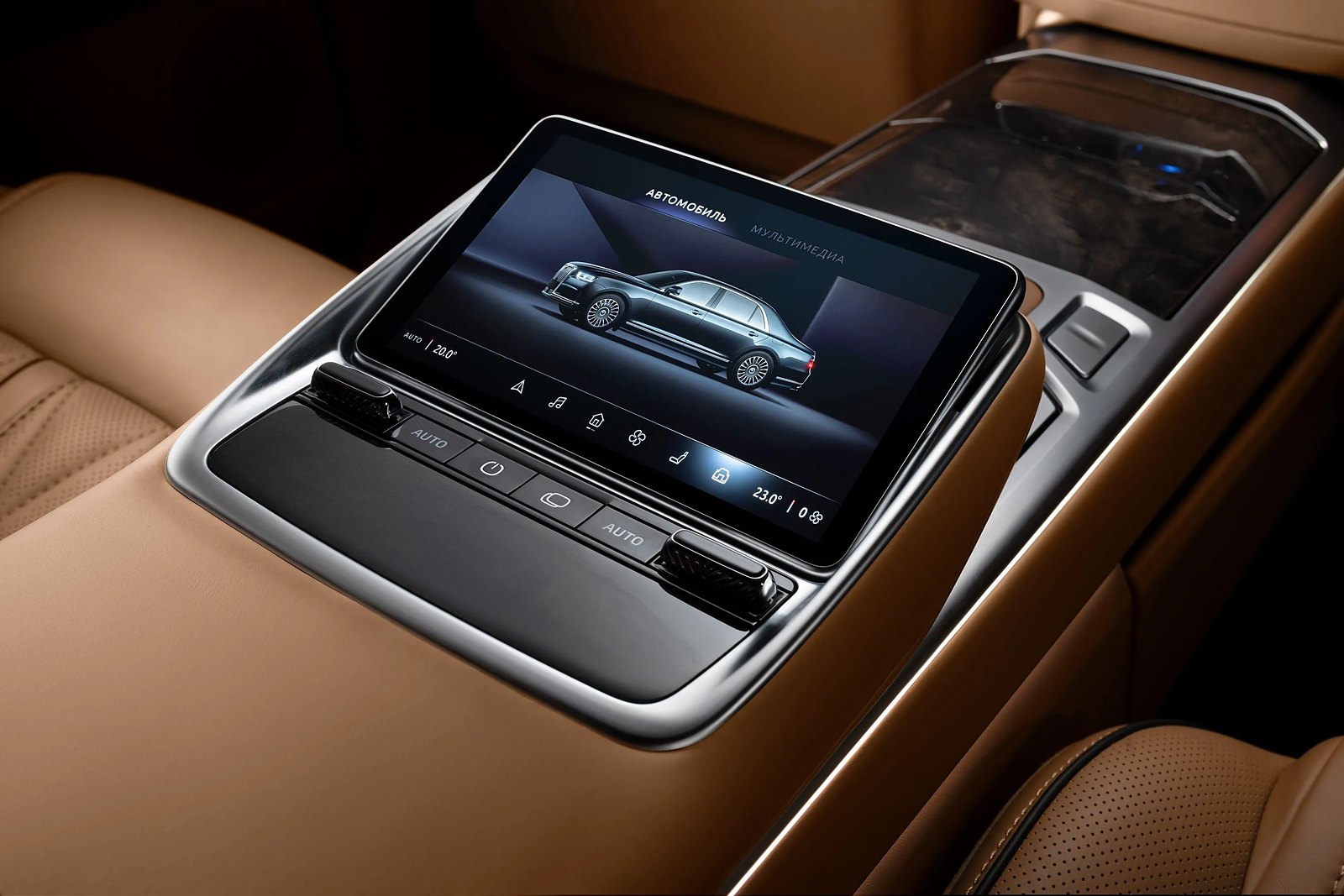 Touch control panel in the rear armrest of the Aurus Senat
