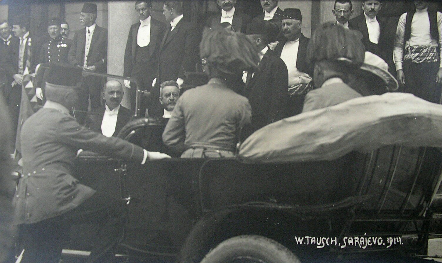 Franz Ferdinand and Sophie leaving the Sarajevo town hall in a car, 1914